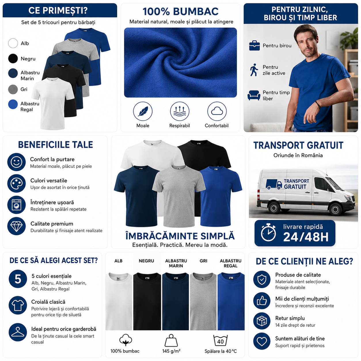 Set 5 tricouri bărbați din bumbac 100%, alb, negru, albastru marin, gri și albastru regal